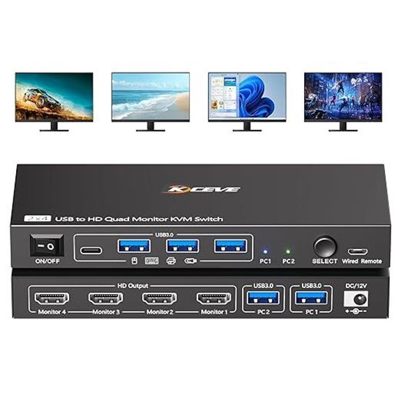 Quad Monitor KVM Switch for 2 PCs with USB 3.0