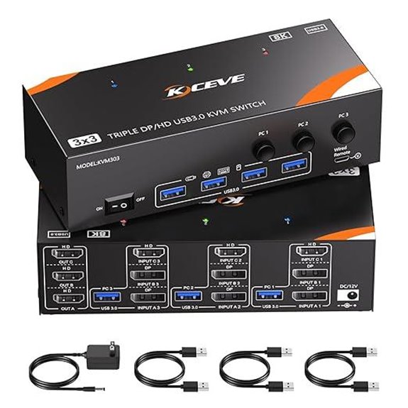KVM Switch for 3 Monitors and PCs with Cables